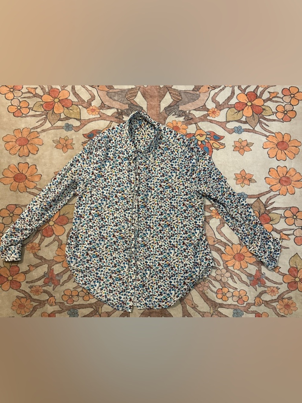 Jane and Delancey White Floral Button-Down Shirt with Blue and Orange Accents